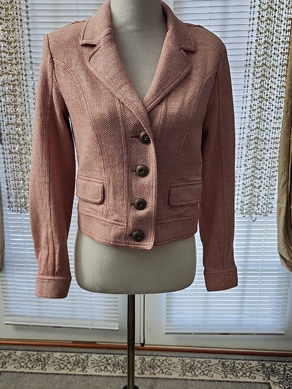CAbi Cropped Textured Blazer in Dusty Rose Pink